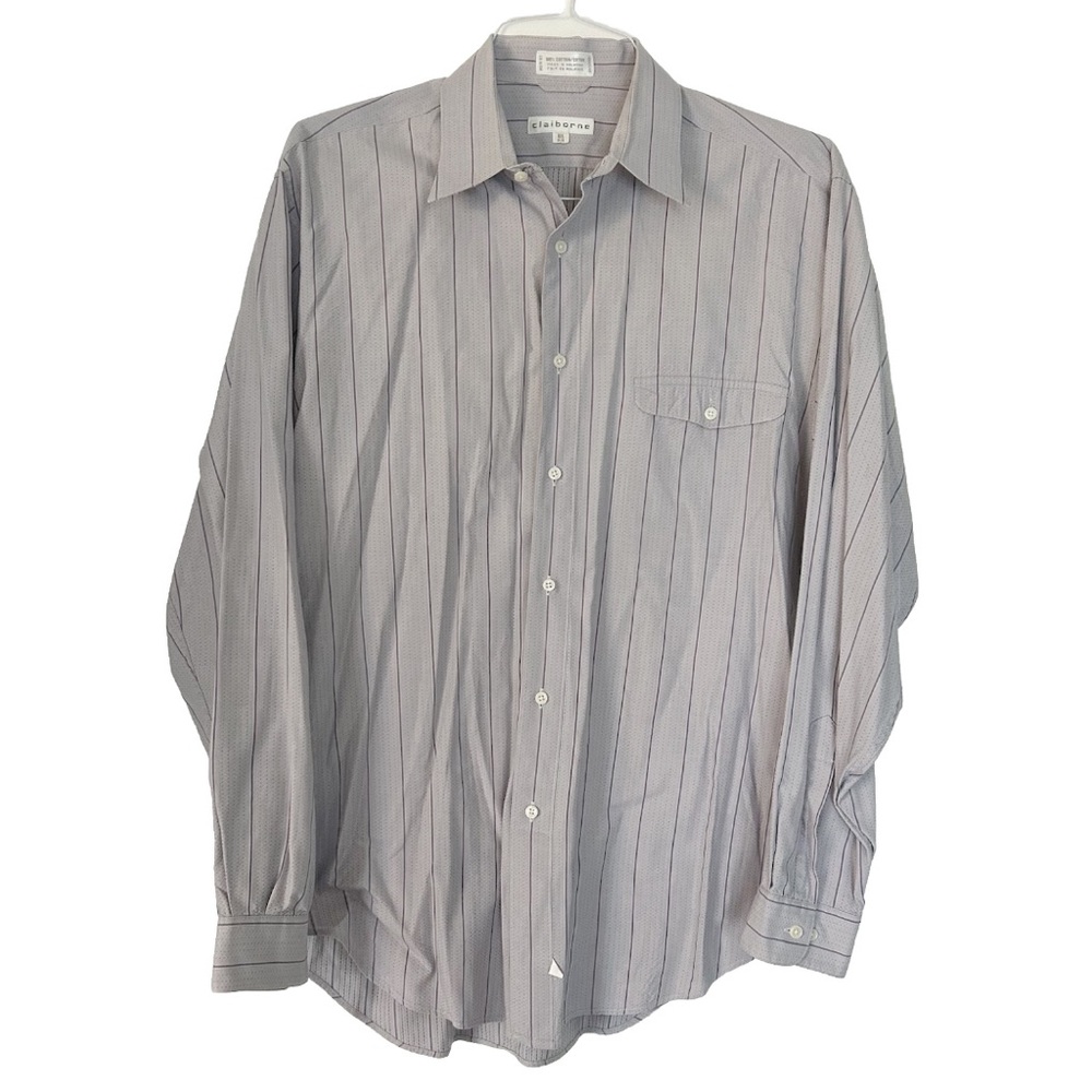 Claiborne Men’s Grey Purple Striped 100% Cotton Dress Shirt Button Up Size 34 35